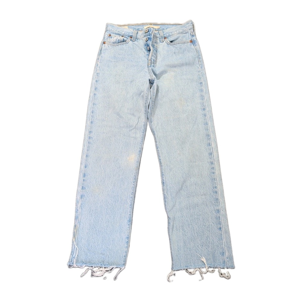 Levis Wedgie Straight Jeans Womens 27 Blue Light Wash Button Fly Frayed Hem